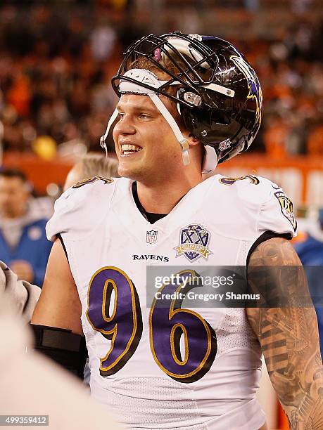 Brent Urban of the Baltimore Ravens celebrates his blocked field goal that lead to a touchdown during the fourth quarter against the Cleveland Browns...