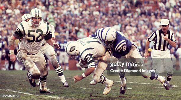 Defensive end Bubba Smith of the Baltimore Colts sacks quarterback Joe Namath of the New York Jets during Super Bowl III on January 12, 1969 at the...