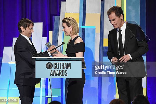 Sean Baker, Sarah Paulson and Michael Shannon speak onstage during the 25th Annual Gotham Independent Film Awards at Cipriani Wall Street on November...