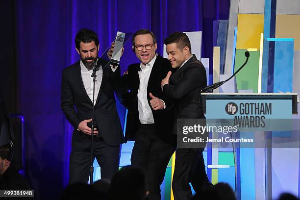 Chad Hamilton, Christian Slater and Rami Malek speak onstage at the 25th IFP Gotham Independent Film Awards co-sponsored by FIJI Water at Cipriani,...