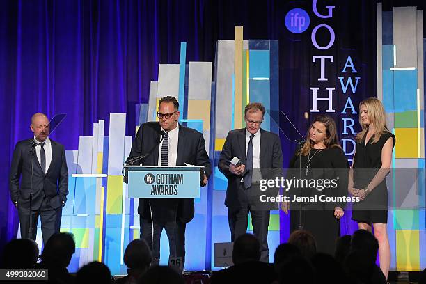 Steve Golin, Michael Sugar, Tom McCarthy, Nicole Rocklin, and Blye Faust speak onstage at the 25th IFP Gotham Independent Film Awards co-sponsored by...