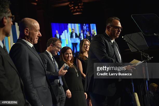 Steve Golin, Michael Sugar, Tom McCarthy, Nicole Rocklin, and Blye Faust speak onstage at the 25th IFP Gotham Independent Film Awards co-sponsored by...