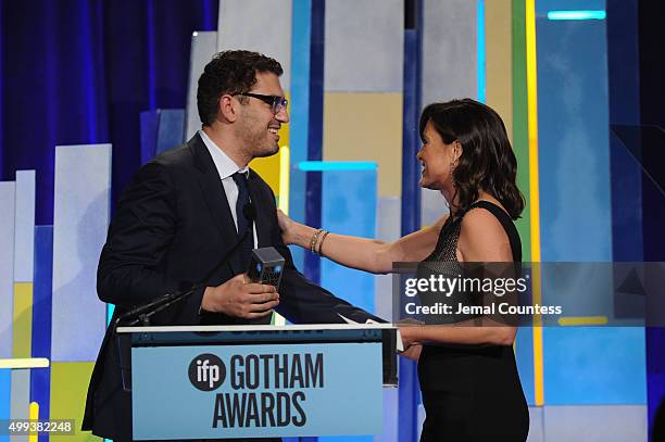 Sam Esmail and Mariska Hargitay speak onstage at the 25th IFP Gotham Independent Film Awards co-sponsored by FIJI Water at Cipriani, Wall Street on...