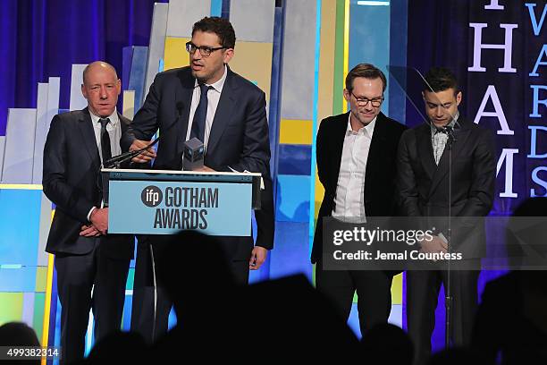 Steve Golin, Sam Esmail, Christian Slater, and Rami Malek pose with an award at the 25th IFP Gotham Independent Film Awards co-sponsored by FIJI...