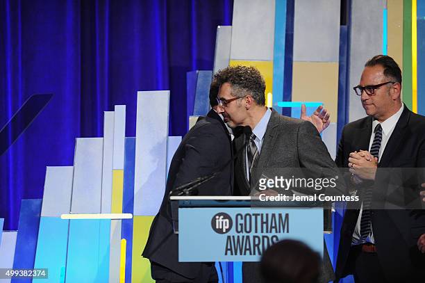 John Tuturro and Michael Sugar speak onstage at the 25th IFP Gotham Independent Film Awards co-sponsored by FIJI Water at Cipriani, Wall Street on...