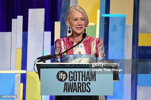 Actress Helen Mirren speaks onstage during the 25th Annual Gotham Independent Film Awards at Cipriani Wall Street on November 30, 2015 in New York...