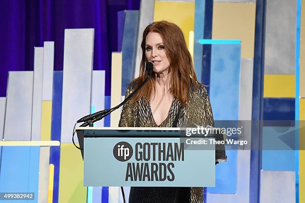 Actress Julianne Moore speaks onstage during the 25th Annual Gotham Independent Film Awards at Cipriani Wall Street on November 30, 2015 in New York...