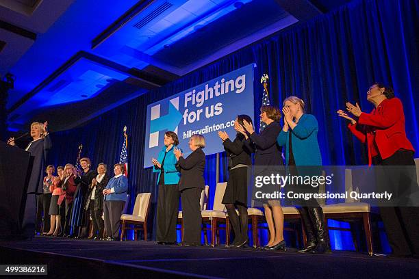 Democratic Presidential Candidate Hillary Clinton receives a standing ovation as she speaks at a Women Senators Endorsement Event for Democratic...