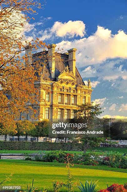 Museu do Louvre visto do Jardim das Tulherias em Paris, França. Louvre Museum seen from Tuileries Garden in Paris, France.