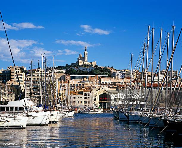 old port and notre-dame de la garde - old port stock pictures, royalty-free photos & images