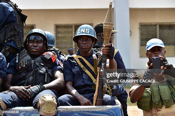 Policemen patrol near the Bangui Stadium where Pope Francis is expected to lead an open mass on November 30, 2015 as part of a papal visit to Africa....