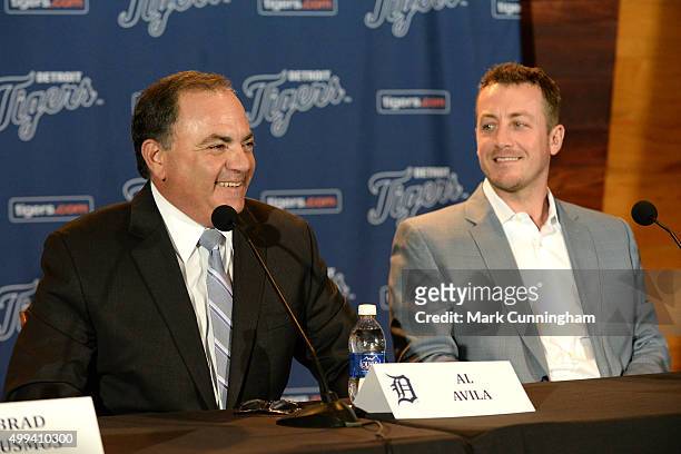 Detroit Tigers Executive Vice President of Baseball Operations and General Manager Al Avila looks on and smiles along with new Tigers pitcher Jordan...