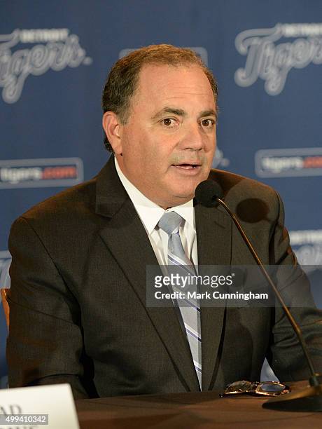 Detroit Tigers Executive Vice President of Baseball Operations and General Manager Al Avila talks to the media during the press conference to...