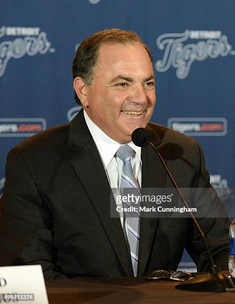 Detroit Tigers Executive Vice President of Baseball Operations and General Manager Al Avila talks to the media during the press conference to...