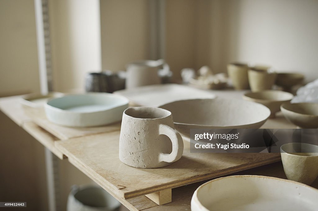 Handmade ceramic works in studio
