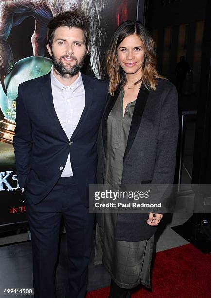 Actor Adam Scott and his wife Marie Kojzar arrive at the screening of Universal Pictures' "Krampus" at ArcLight Cinemas on November 30, 2015 in...