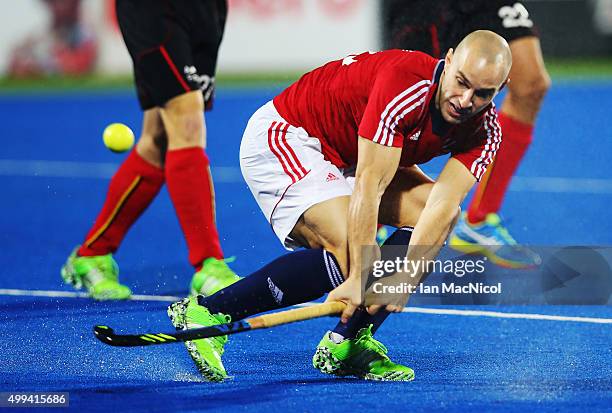 Nick Catlin of Great Britain shoots at goal during the match between Great Britain and Belgium on day five of The Hero Hockey League World Final at...