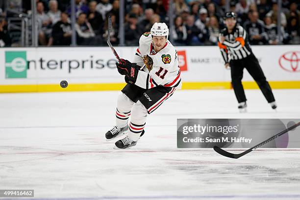 Andrew Desjardins of the Chicago Blackhawks skates with the puck during a game against the Los Angeles Kings at Staples Center on November 28, 2015...