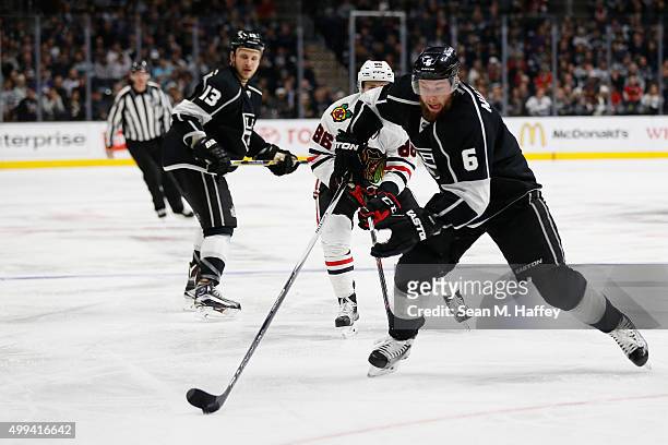 Jake Muzzin of the Los Angeles Kings skates with the puck during a game against the Chicago Blackhawks at Staples Center on November 28, 2015 in Los...