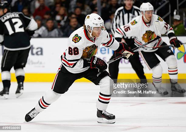 Patrick Kane of the Chicago Blackhawks skates during a game against the Los Angeles Kings at Staples Center on November 28, 2015 in Los Angeles,...