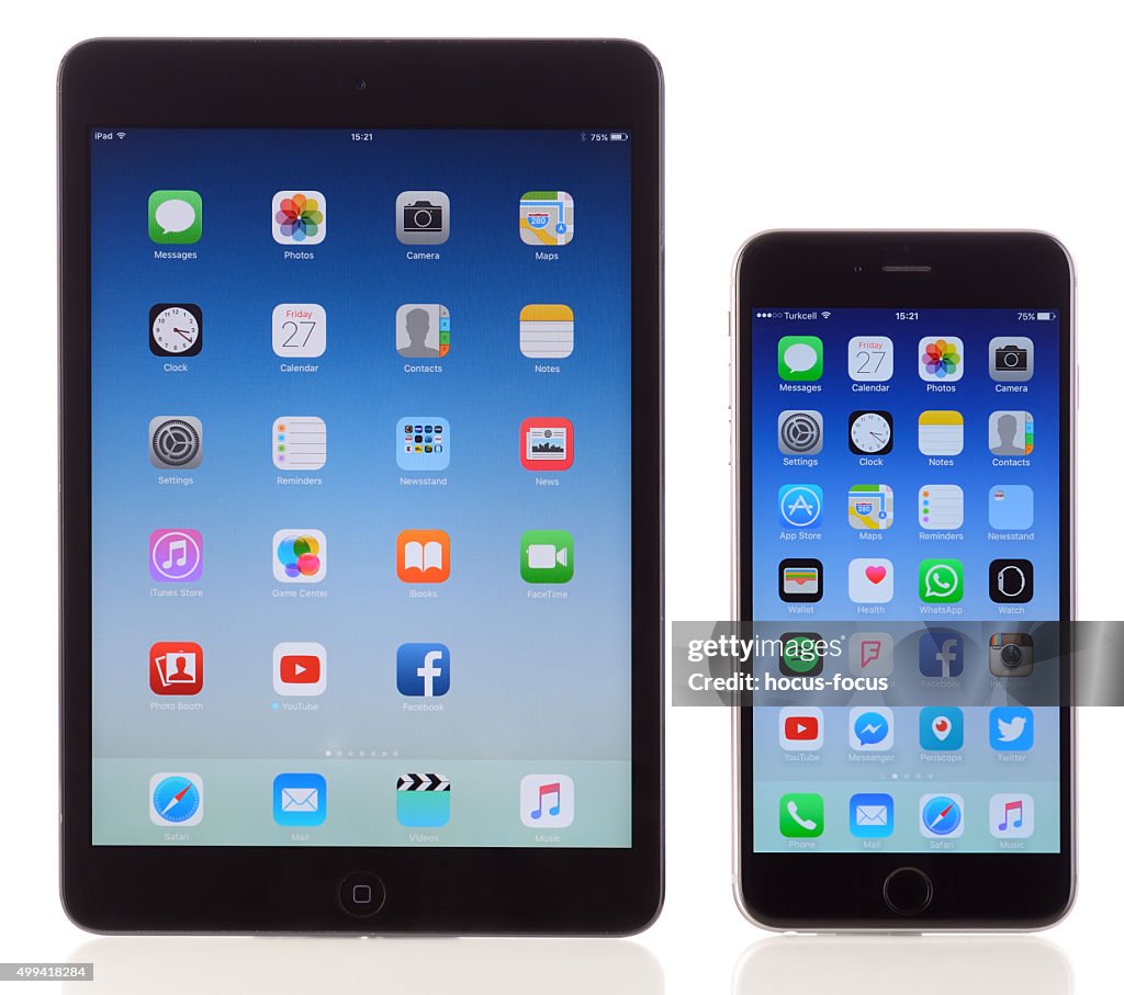 Apple iPad Mini and iPhone 6 Plus on white background