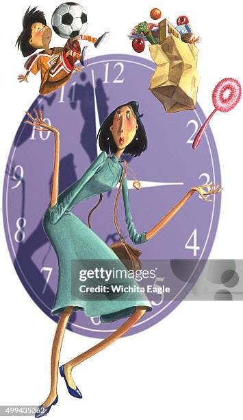 Dpi 42p x 72p Tim Ludwig color illustration of working mother juggling child, groceries and cleaning in front of a clock. The Wichita Eagle 1999