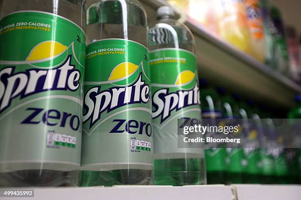 Bottles of Sprite Zero, sugar-free, soft drink, produced by Coca-Cola Co., sit on display at the Tesco Basildon Pitsea Extra supermarket, operated by...