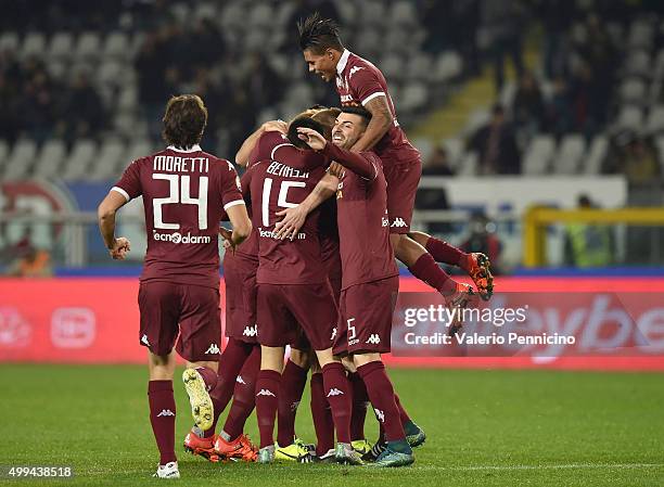 Alessandro Gazzi of Torino FC celebrates after scoring the opening goal with team mates during the TIM Cup match between Torino FC and AC Cesena at...