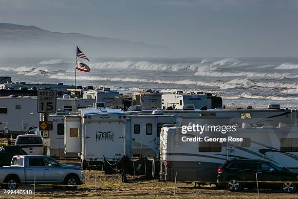 Thousands of people, motorhomes and recreational vehicles crowd onto Pismo State Beach for a long Thanksgiving weekend as viewed on November 25 in...