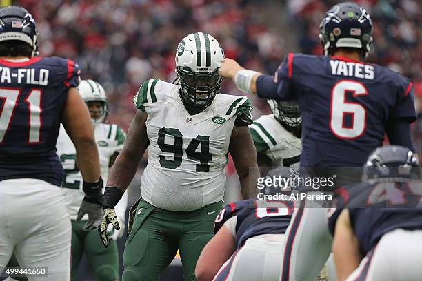 Nose Tackle Damon Harrison of the New York Jets follows the action against the Houston Texans at Reliant Park on November 22, 2015 in Houston, Texas.