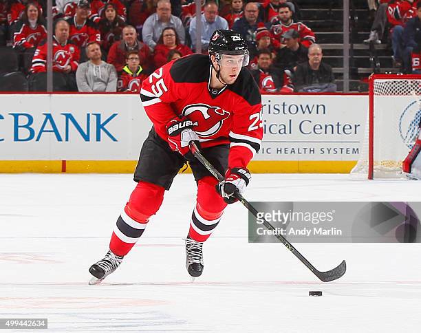 Stefan Matteau of the New Jersey Devils skates against the Columbus Blue Jackets at the Prudential Center on November 25, 2015 in Newark, New Jersey.