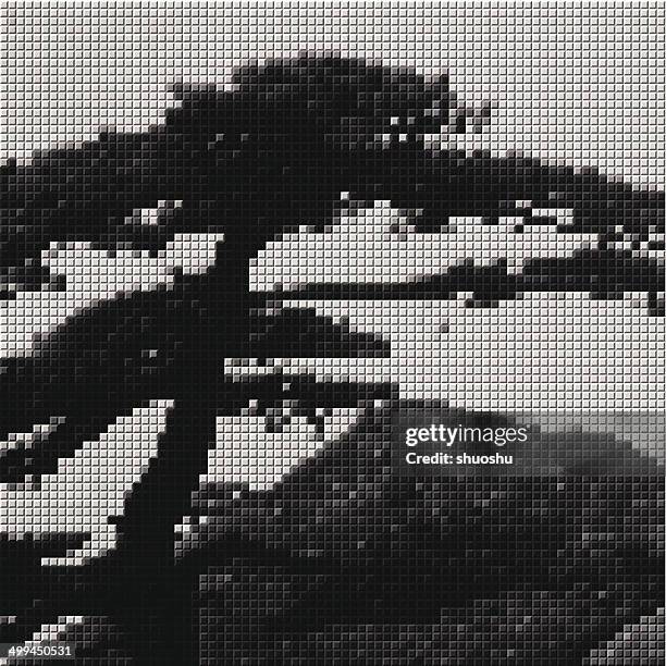 abstract black and white mosaic style pine pattern background - tall tree vector stock illustrations