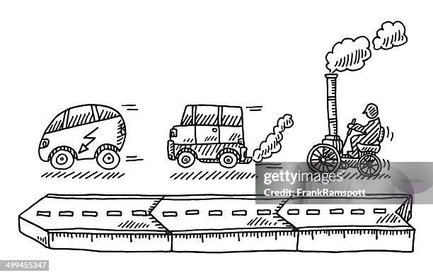 evolution of the car drawing - car pollution stock illustrations