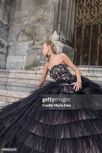 woman in black - strapless evening gown foto e immagini stock