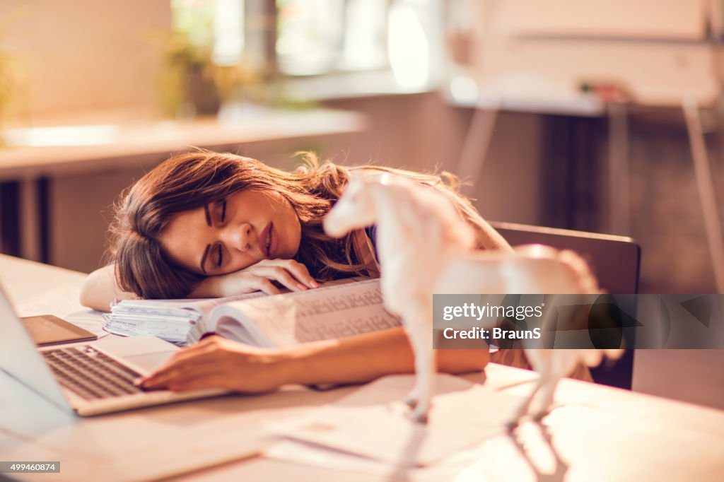 Overworked businesswoman taking a nap on a bunch of paperwork.