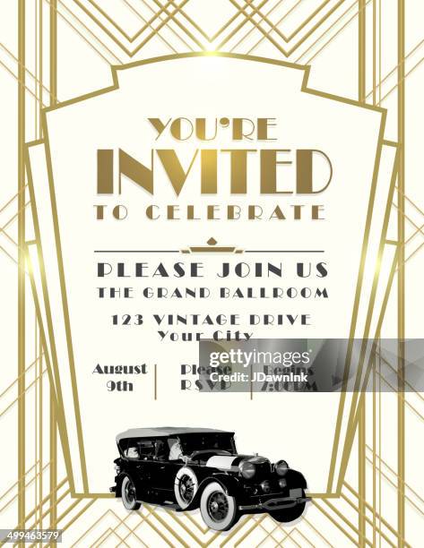 stockillustraties, clipart, cartoons en iconen met art deco car style vintage invitation design template on whtie - gatsby image