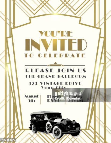 art deco car style vintage invitation design template on whtie - brass frame stock illustrations