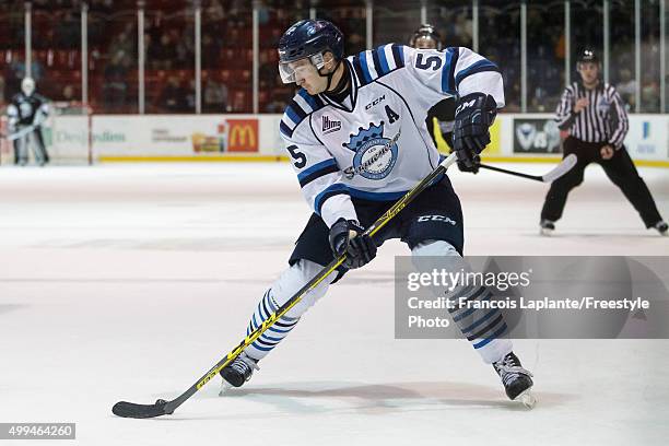 Nicolas Roy of the Chicoutimi Sagueneens skates with the puck against the Gatineau Olympiques on November 27, 2015 at Robert Guertin Arena in...