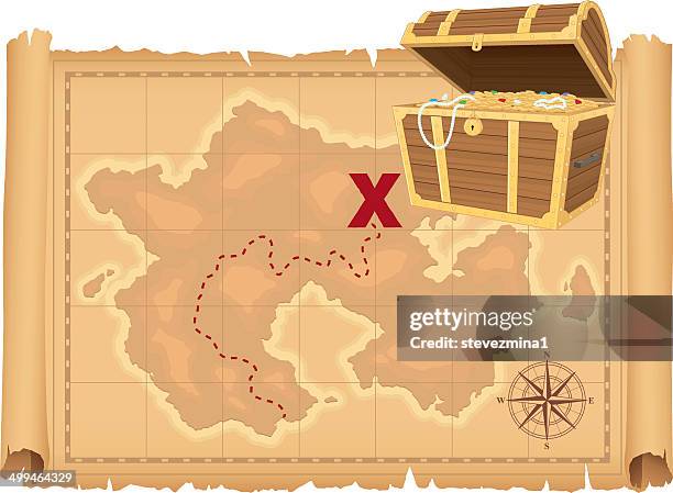 treasure map and treasure - pirate coin stock illustrations