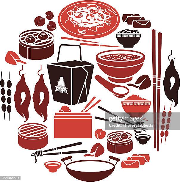 ilustraciones, imágenes clip art, dibujos animados e iconos de stock de conjunto de iconos de comida china - chopsticks