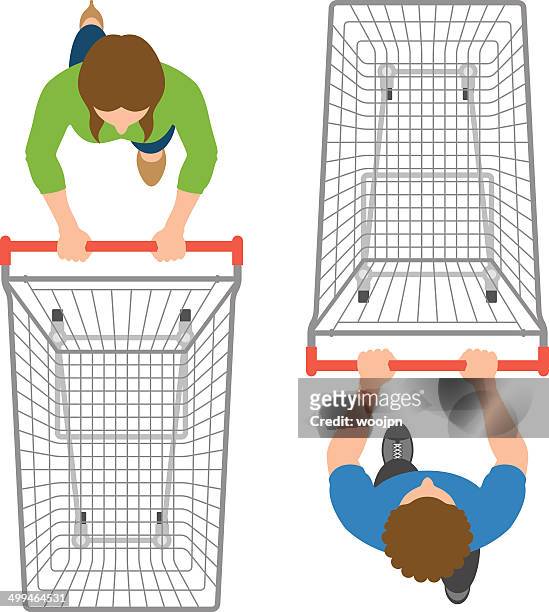 overhead-blick von mann und frau schieben einkaufswagen leeren - supermarkt stock-grafiken, -clipart, -cartoons und -symbole