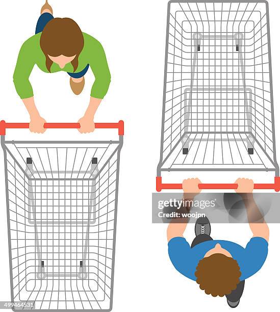 ilustrações de stock, clip art, desenhos animados e ícones de visão geral de homem e mulher empurrando trolleys vazio - carrinho de puxar carrinho