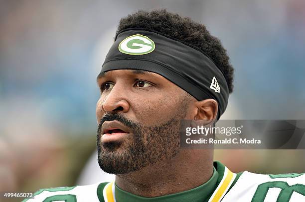 James Jones of the Green Bay Packers looks on during a NFL game against the Carolina Panthers at Bank Of America Stadium on November 8, 2015 in...