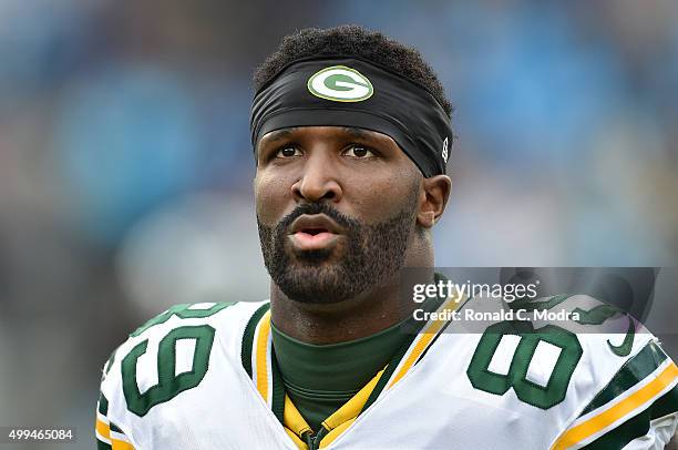 James Jones of the Green Bay Packers looks on during a NFL game against the Carolina Panthers at Bank Of America Stadium on November 8, 2015 in...