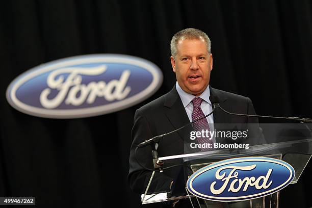 Joseph "Joe" Hinrichs, executive vice president and president of the Americas for Ford Motor Co., speaks during a news conference at the company's...