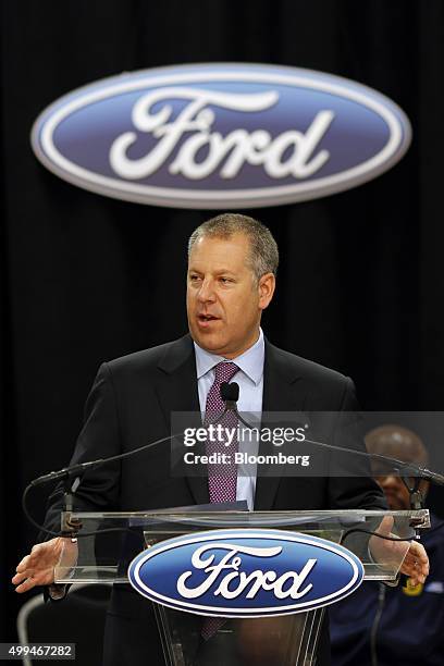 Joseph "Joe" Hinrichs, executive vice president and president of the Americas for Ford Motor Co., speaks during a news conference at the company's...