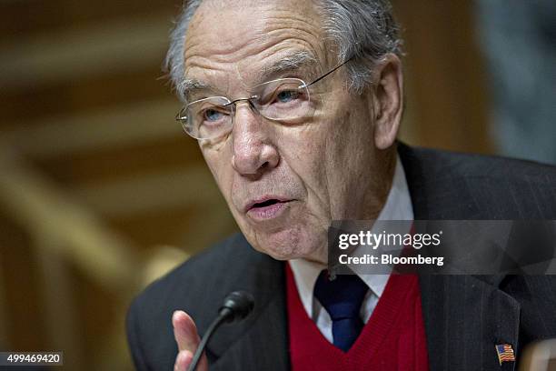 Senator Charles "Chuck" Grassley, a Republican from Iowa, questions witnesses during a Senate Finance Committee hearing in Washington, D.C., U.S., on...