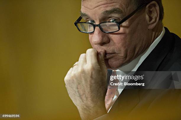 Senator Mark Warner, a Democrat from Virginia, listens during a Senate Finance Committee hearing in Washington, D.C., U.S., on Tuesday, Dec. 1, 2015....