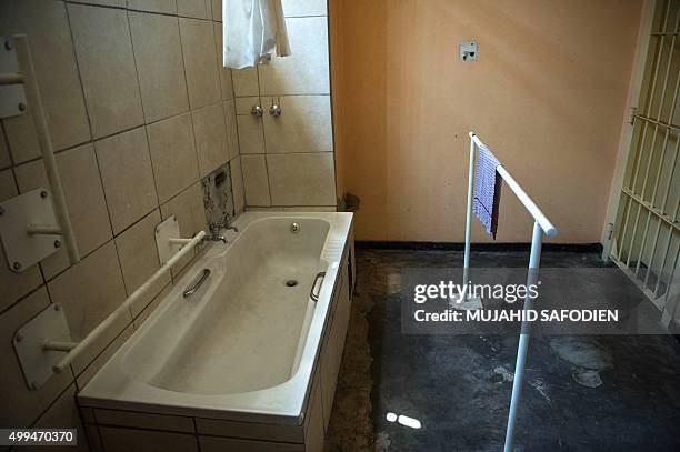 Picture taken on December 1, 2015 shows the bathroom of the prison cell where Oscar Pistorius stayed, at the Kgosi Mampuru II Prison on December 1,...