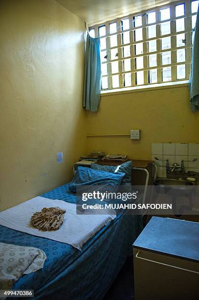 Picture taken on December 1, 2015 shows the prison cell where Oscar Pistorius stayed, at the Kgosi Mampuru II Prison on December 1, 2015 in Pretoria,...